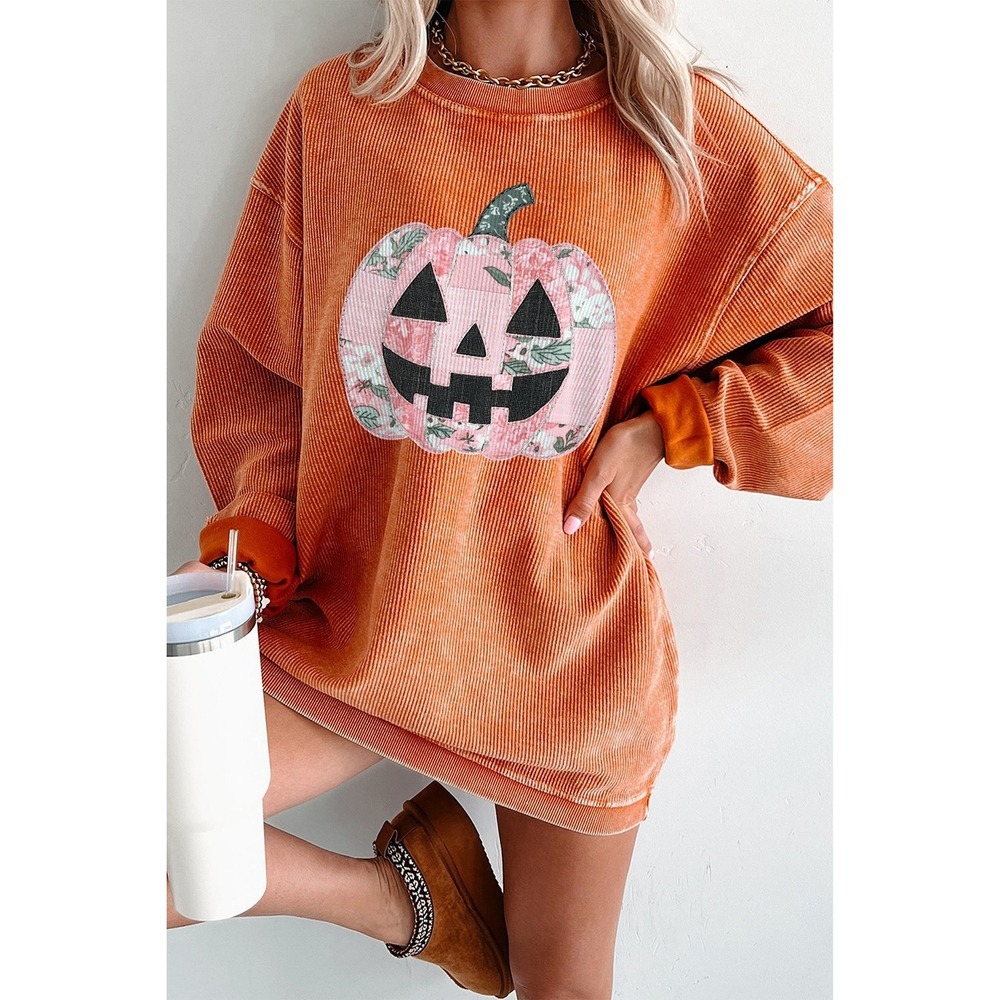 Patchwork Pumpkin Graphic Corded Ribbed Round Neck Tunic Sweatshirt - Medium